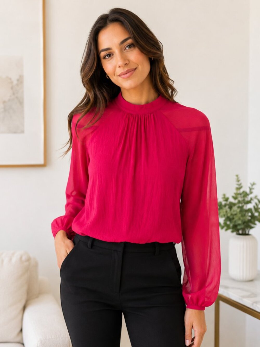 Maurices Red Mock Neck Blouse Sheer Long Sleeves Keyhole Back Size M
